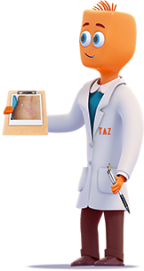 Taz holding picture of a patient with plaque psoriasis