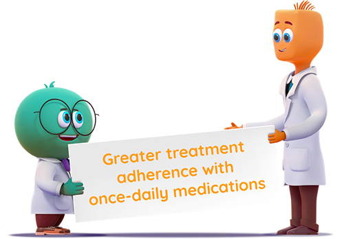 Hal and Taz holding sign Greater treatment adherence with once-daily medications
