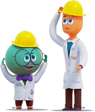 Hal and Taz wearing construction hard hats