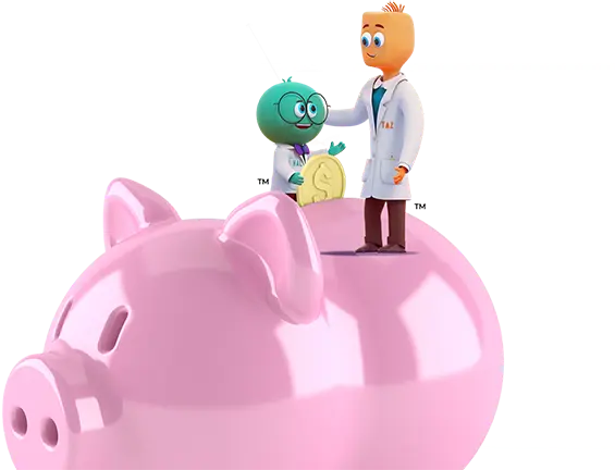 Hal and Taz depositing a coin into a piggy bank