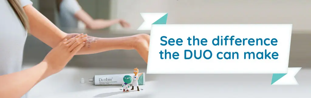 See the difference the DUO can make. Patient applies DUOBRII Lotion to plaque psoriasis. Halobetasol and tazarotene characters stand by DUOBRII Lotion tube