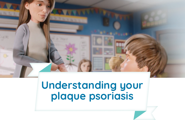 Understanding your plaque psoriasis. Patient covers the plaque psoriasis on her arm