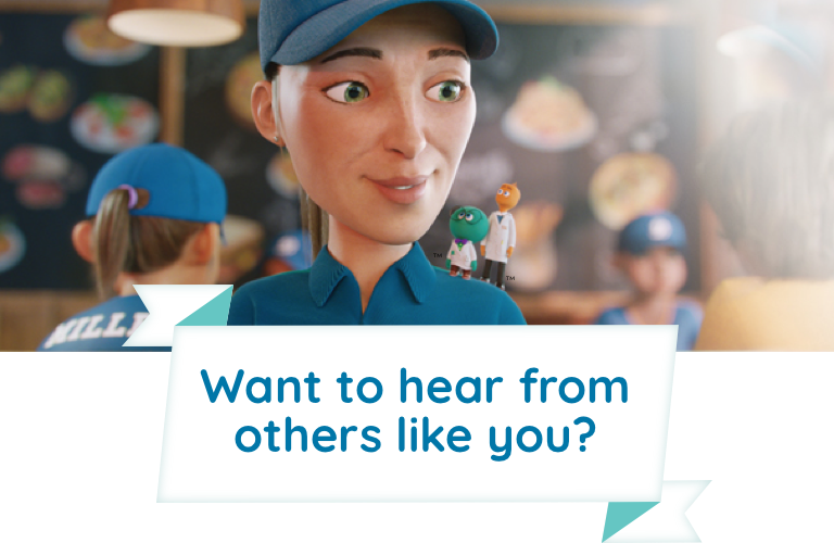 Want to hear from others like you? Psoriasis patient with clear skin has halobetasol and tazarotene characters on shoulder