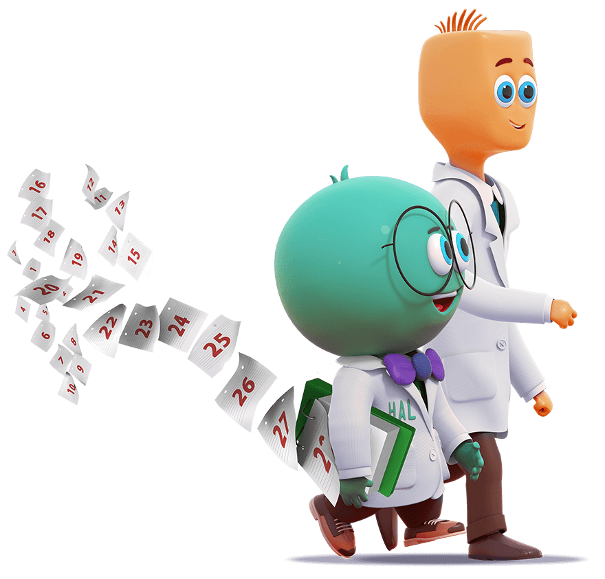 Halobetasol and tazarotene characters walk away carrying calendar