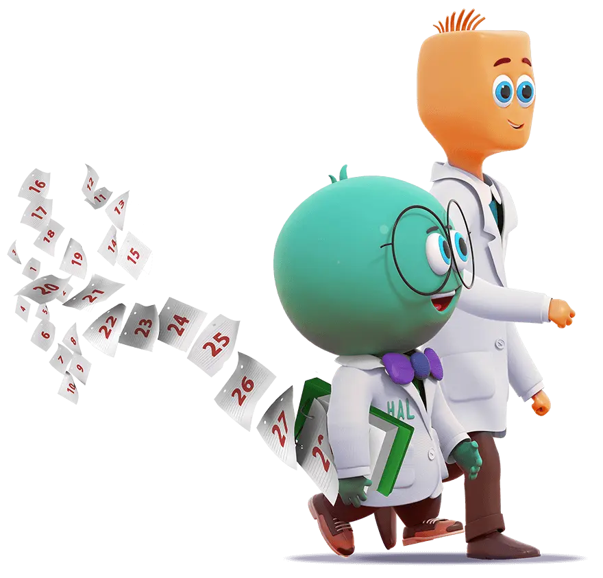 Halobetasol and tazarotene characters walk away carrying calendar